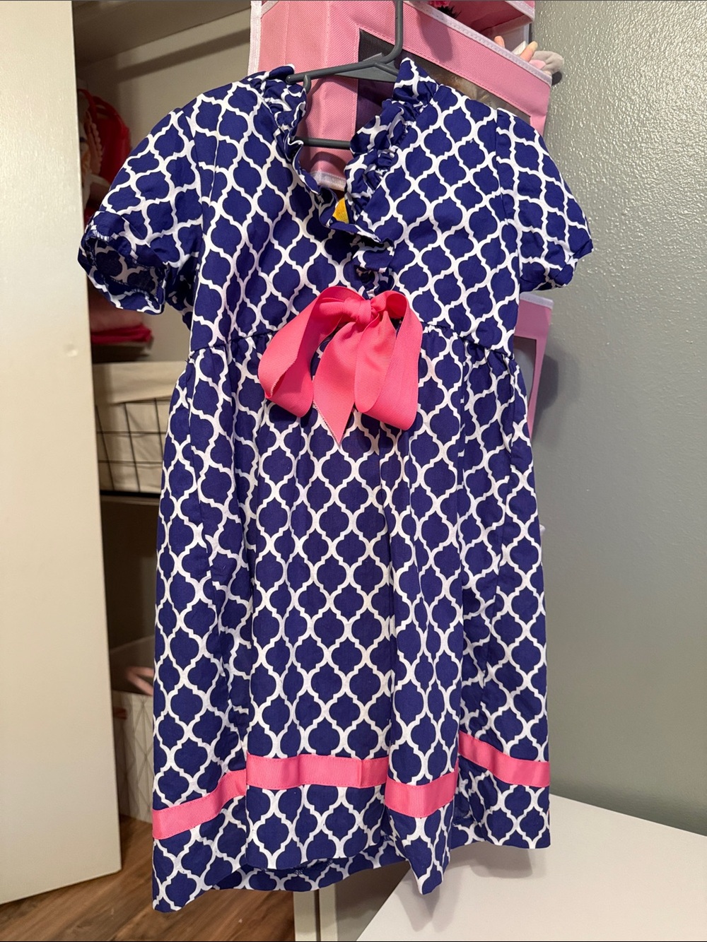 Girls Navy Geometric Dress with Pink Bow Accent